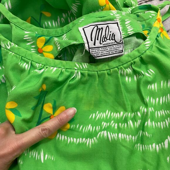 VTG Malia Honolulu Womens Hawaiian Dress Green Yellow Colorful Floral Retro - Picture 14 of 14
